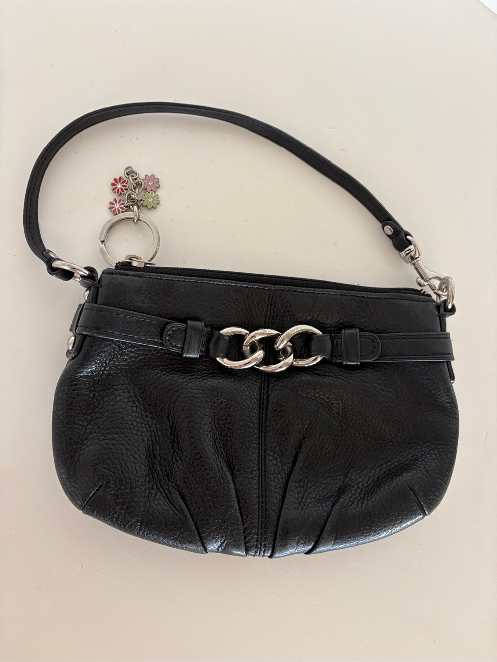 COACH MADISON BLACK LEATHER MINI BAG/ WRISTLET With Flower Charm